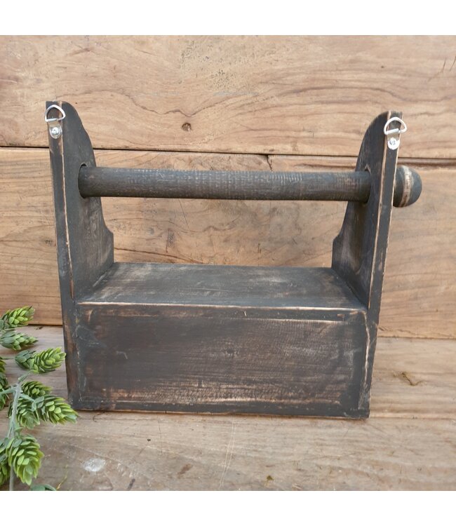 Donkere houten keukenrolhouder met lade - 27 x 14 x 27 cm
