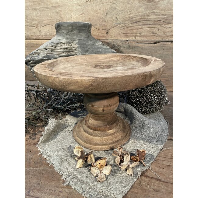 # Ronde houten schaal op voet - naturel -30 x 20 cm