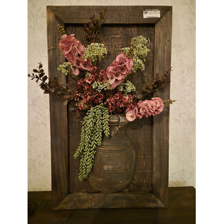 Wandpaneel met vaas en houten lijst incl. boeket- 40 x 64 cm hoog