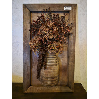 Wandpaneel met vaas en houten lijst incl. boeket- 40 x 64 cm hoog