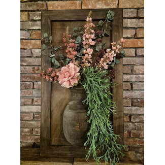 Groot wandpaneel met vaas en houten lijst compleet met boeket - ca. 53 x 95 cm