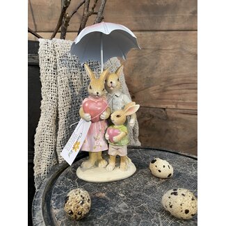 Bruin/roze konijnen gezin "Polyresin" 15 cm