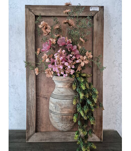 Wandpaneel met vaas en houten lijst incl. boeket- 45 x 78 cm hoog