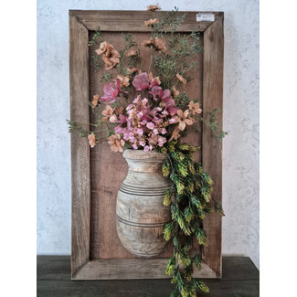 Wandpaneel met vaas en houten lijst incl. boeket- 45 x 78 cm hoog