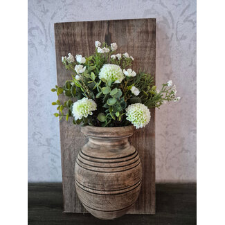 Wandpaneel met vaas zonder houten lijst - 20 x 30 cm incl boeket - wit pompon
