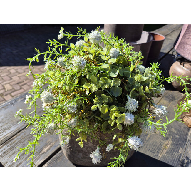 Countryfield Kunst deco halve bol Echinops/eucalipthus XL wit-L38B38H20CM