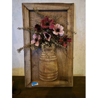 Wandpaneel met vaas en houten lijst - en boeket bloemen -  ca. 45 x 78 cm