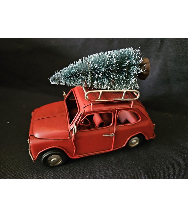 ## Metalen auto met kerstboom rood "F500" - 16 x 7 x 12 cm