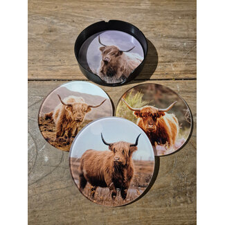 # 017 - Set van 4 onderzetters plexiglas - Schotse hooglanders - 10 cm