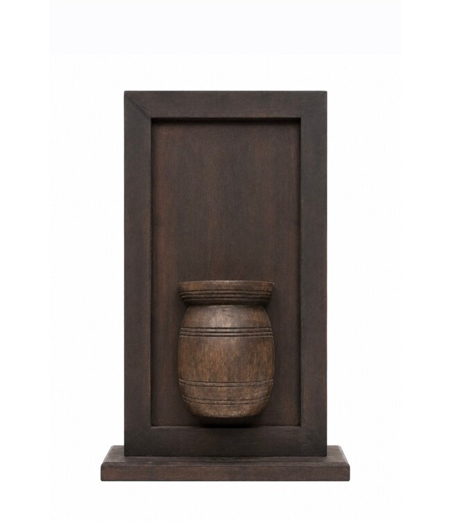 Houten paneel op voet met vaas aan 1 kant - 34 x 10 x 53 cm - donker