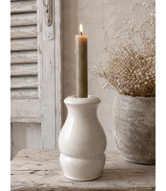 Aardewerk kaarsenstandaard Torre beige - 9,5x9,5x15cm
