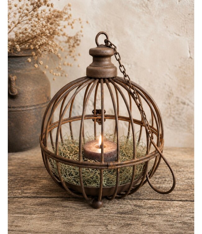 @ Kandelaar - draad bol roest met pootjes en ketting - ca. 15 x 15 x 20 cm