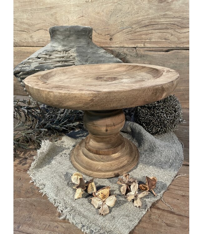 @ Ronde houten schaal op voet - naturel -30 x 20 cm