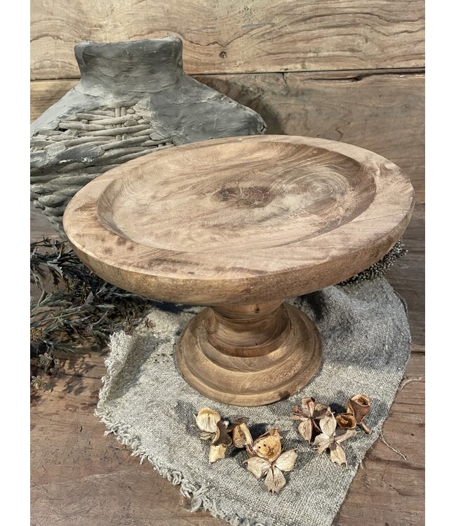 @ Ronde houten schaal op voet - naturel -30 x 20 cm