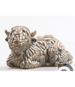 Hooglander koe m/kind cement goud 16x10x9 cm