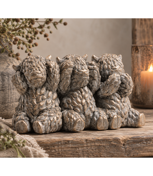 @ Hooglanders koe m-horen/zien/zwijgen cement goud 20x9x11 cm