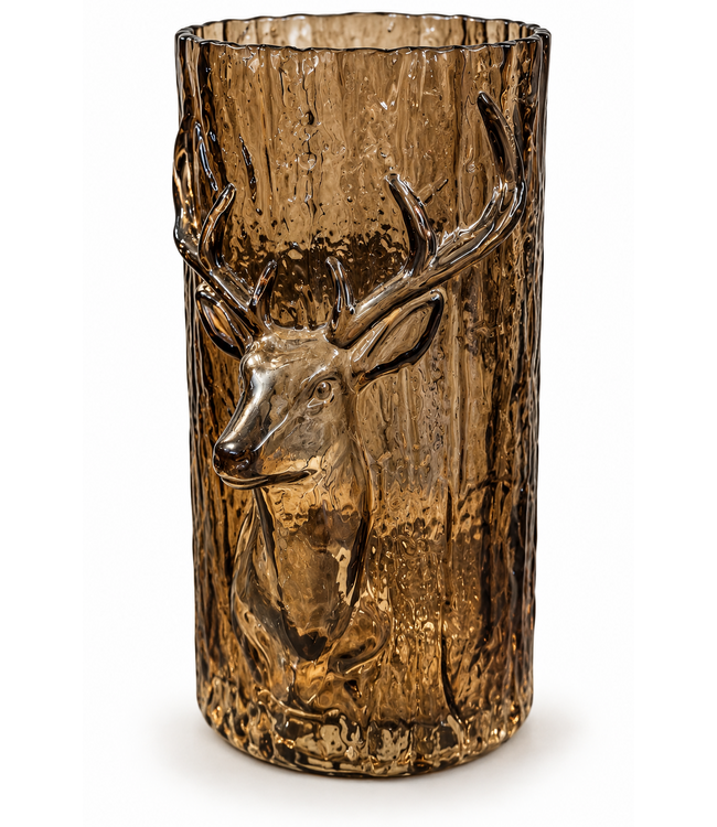 @ Glazen cylinder - bruin met hert - ca. 15 x 26 cm
