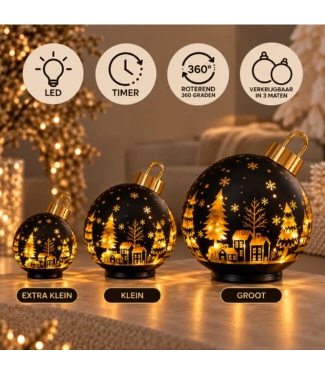 vanaf dinsdag 6 oktober binnen - Roterende LED Kerstbal Zwart/Goud - 12 cm - per stuk