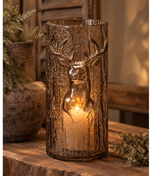 Countryfield Glazen cylinder - bruin met hert - ca. 15 x 15 x 32 cm