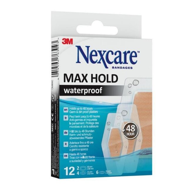 3M Nexcare Max Hold waterbestendige pleisters, verschillende afmetingen, 12 pleisters