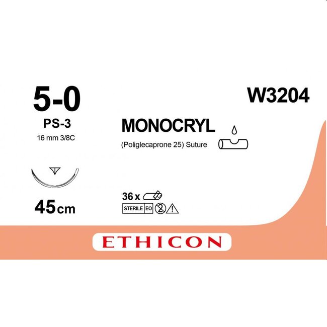 Monocryl 5-0; 45cm ongekleurd PS-3 Prime (12 stuks)