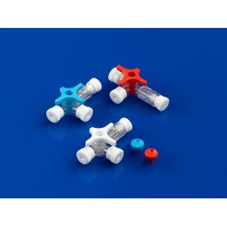 BD BD Connecta 3-weg kraan - rotatie 360gr. Wit met blauw en rood kleurdopje (100 stuks) BD BD Connecta 3-weg kraan - rotatie 360gr. Wit met blauw en rood kleurdopje (100 stuks)