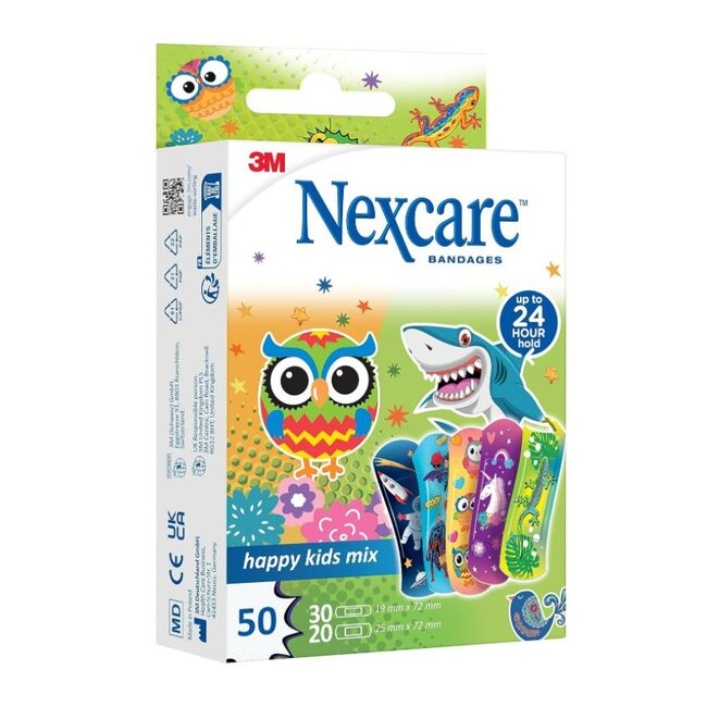 3M Nexcare Happy Kids Mix Pleisters, Verschillende maten, 50/Verpakking