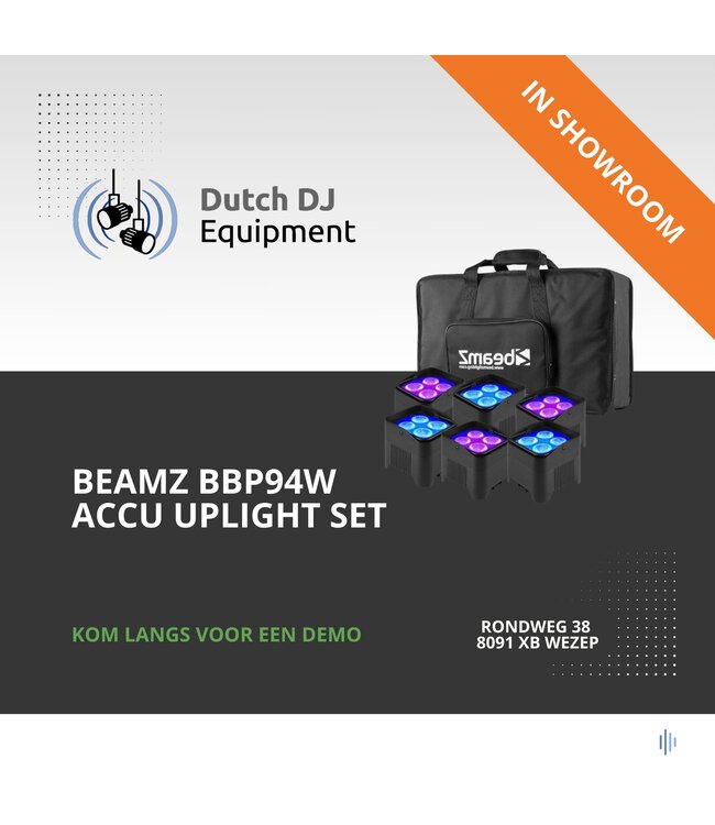 Beamz BBP94W accu Uplight set van 6 met tas