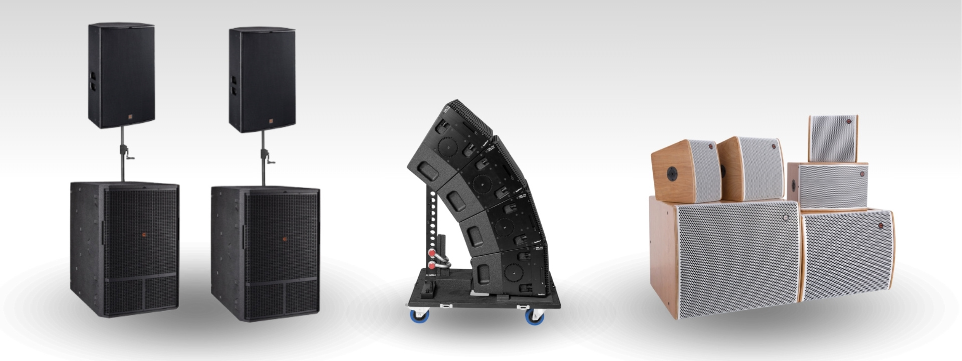 Celto Acoustique line array ISORAY en diverse Celto pro audio producten, inclusief speakers en subwoofers, gepresenteerd samen