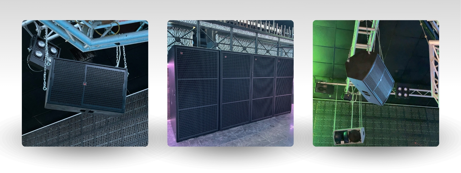 Celto speakers en line array systemen in vliegende formatie tijdens live event, krachtige pro audio installatie
