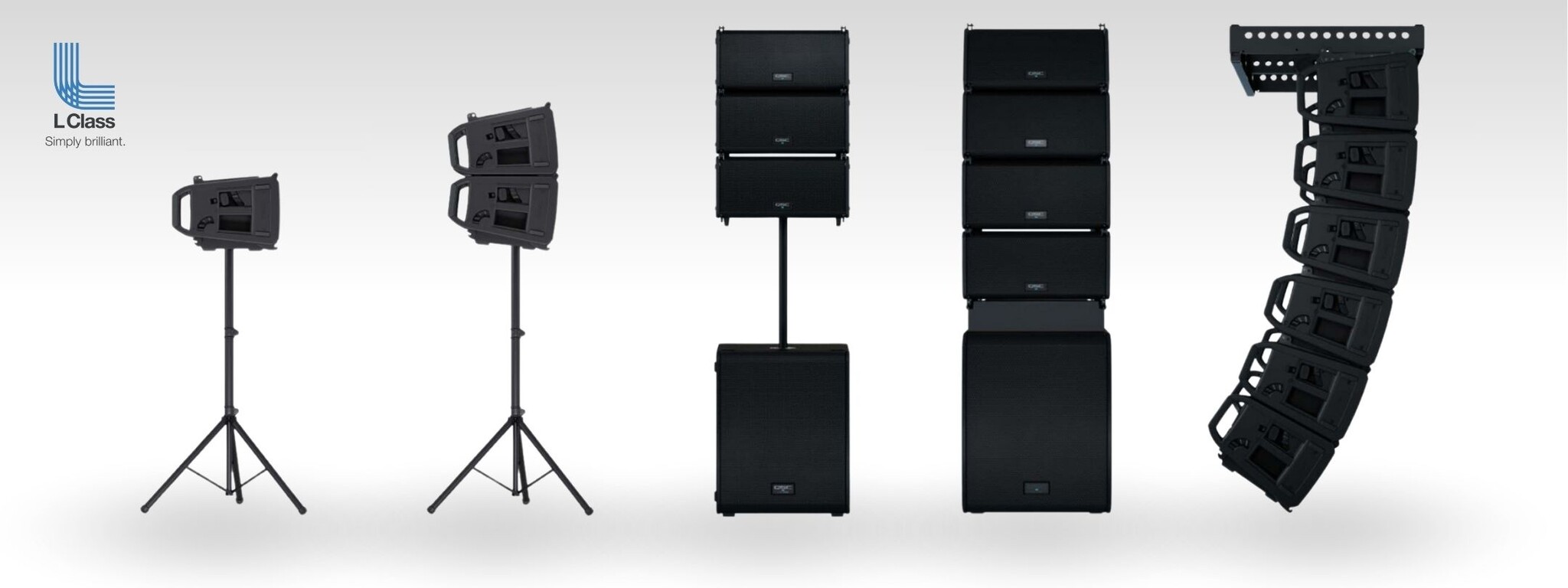 Verschillende opstellingen van het QSC L-Class line-array systeem, inclusief verschillende configuraties op statief, subwoofer en gevlogen line-array.