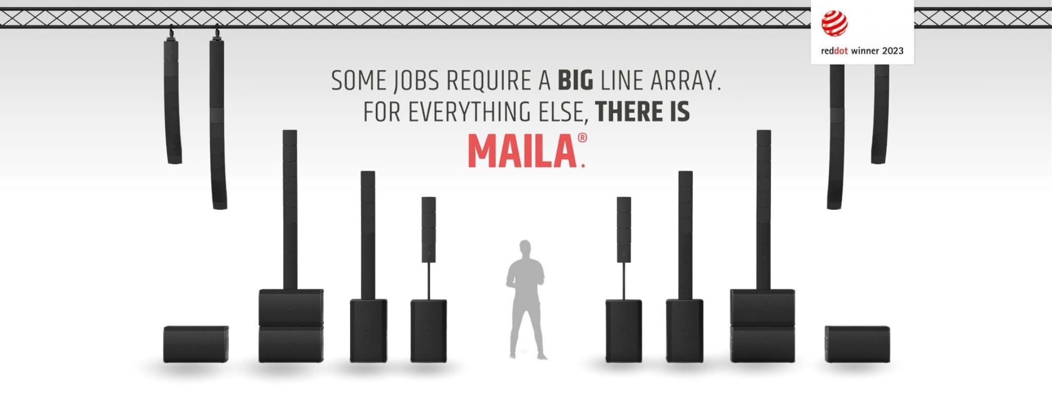 LD Systems MAILA line-array speakers in verschillende configuraties, van S setup tot volledige gevlogen array XXL.