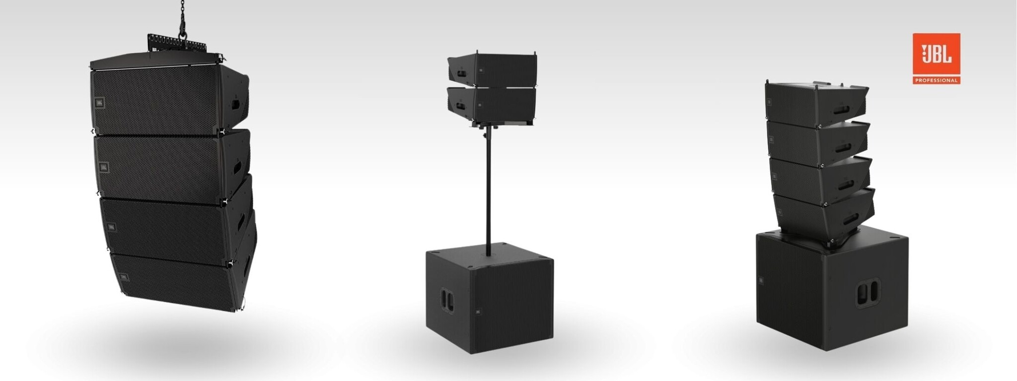 JBL SRX900 line-array systemen in gevlogen, gestapelde en subwoofer-gemonteerde opstellingen voor de beste live producties.