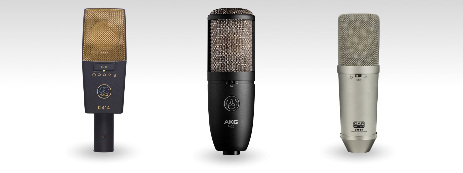 Wat is een dynamische microfoon? Hier voorbeelden van AKG C414, AKG P420 en Dap CM-87.
