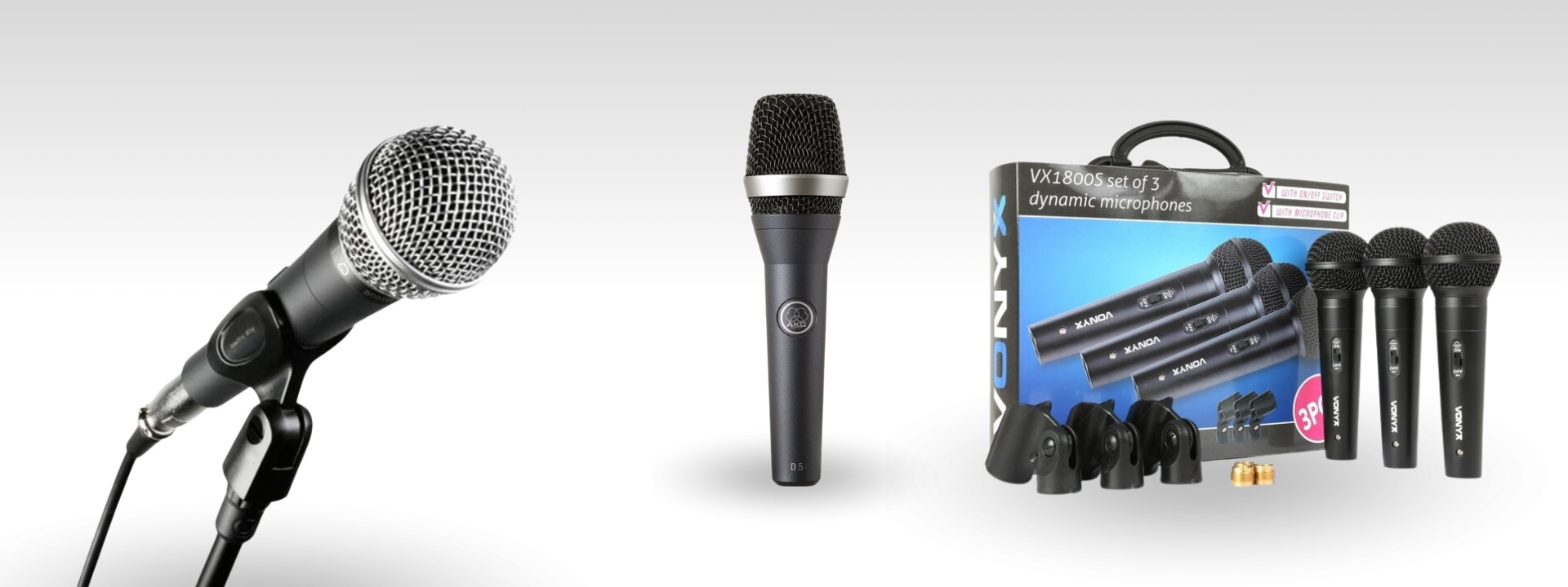 Wat is een dynamische microfoon? Hier voorbeelden van LD Systems, AKG en Vonyx.