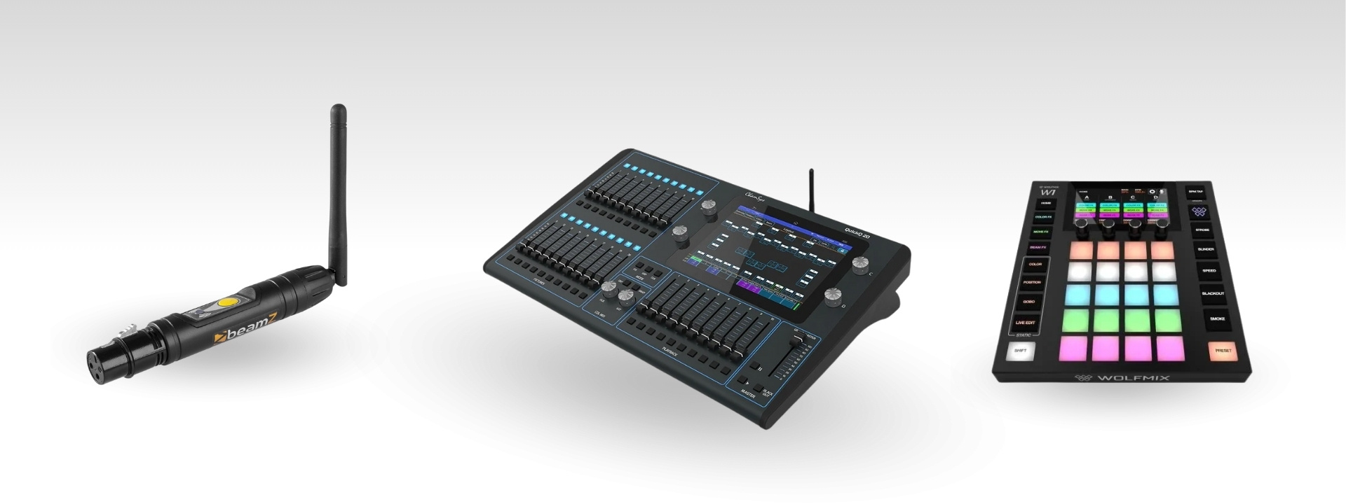 Drie DMX consoles: Beamz BBP W-DMX, Chamsys QuickQ20 en Wolfmix DMX Controller verkrijgbaar bij Dutch DJ Equipment