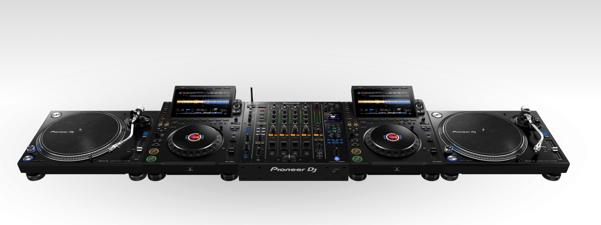 AlphaTheta CDJ 3000x set met DJM-A9 mixer en vinyl platenspelers