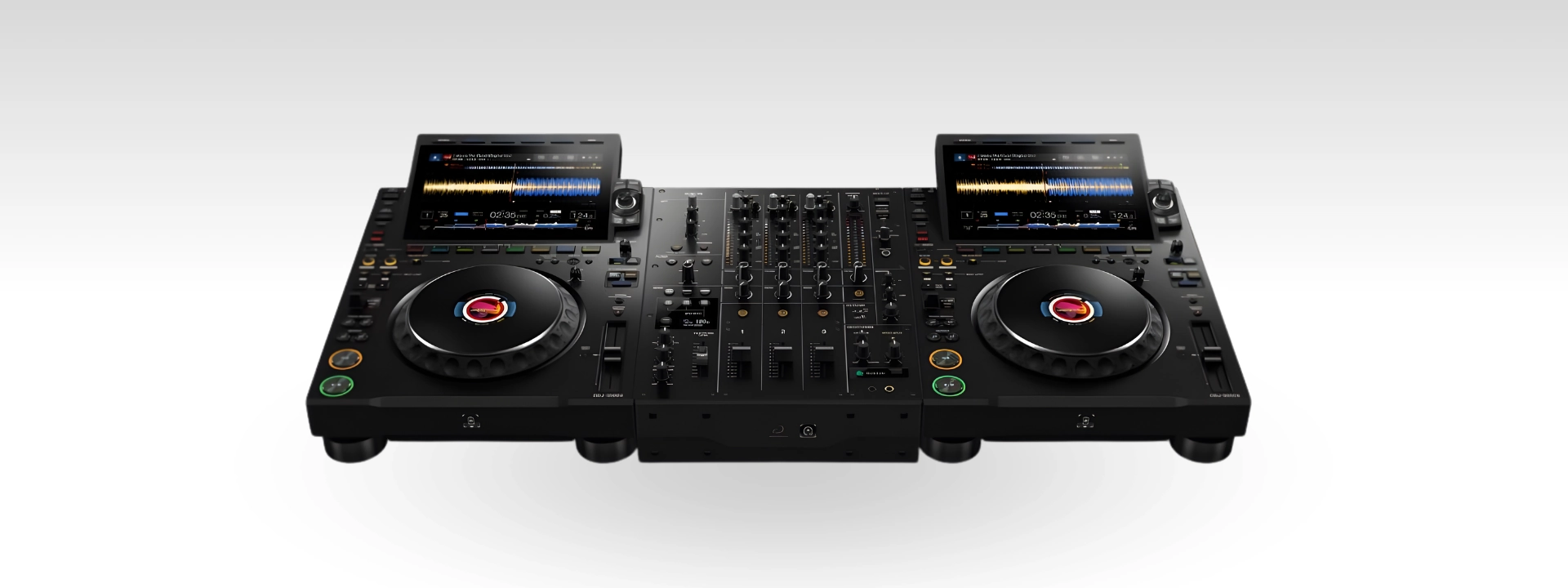 DJ set van AlphaTheta DJM-V5 3-kanaals DJ mixer met twee CDJ-3000x spelers