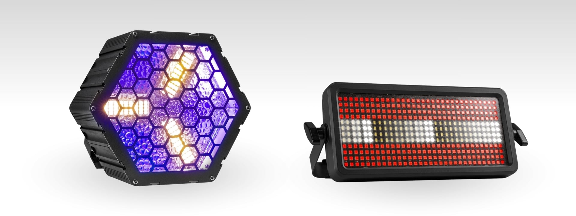 Vergelijking tussen de multifunctionele BeamZ RB90 retro blinder en de BeamZ BS384 stroboscoop voor het inrichten van een feestzaal.