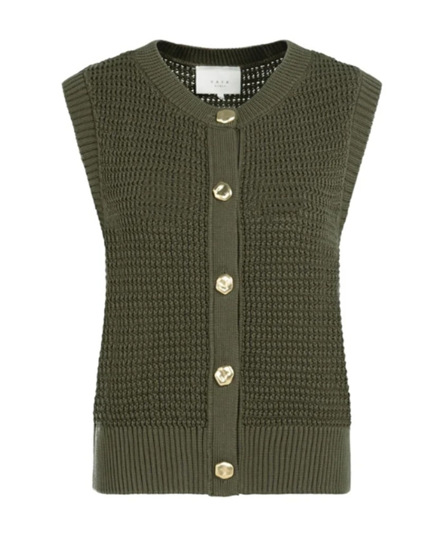 YAYA Mouwloos grofgebreid vest met goudkleurige knopen groen