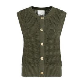 YAYA Mouwloos grofgebreid vest met goudkleurige knopen groen