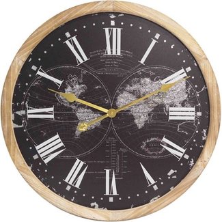 Mansion atmosphere Wooden Wall Clock Black Worldmap  with Glass