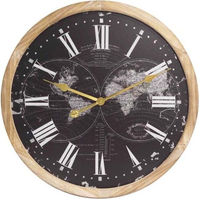 Mansion atmosphere Wooden Wall Clock Black Worldmap Dia 60*4.5cm with Glass