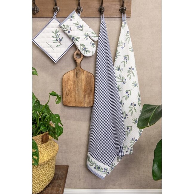 Clayre & Eef 2x Pannenlap olijftakken blauw 20x20cm