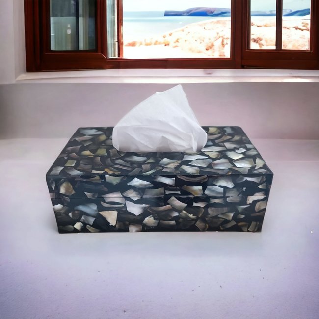 Dream-Living Luxe Tissue box zwart met witte  Capiz schelpen  24x12x7cm