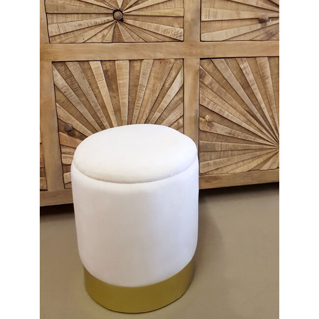 Dream-Living Fluwelen kruk poef crème wit velours met opbergruimte Ø 31 H 38 cm