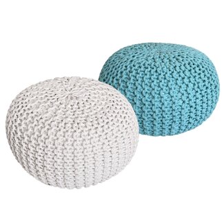 Dream-Living Ronde katoenen poef - set van 2 - gebroken wit/turquoise - 55 x 55 x 37 cm