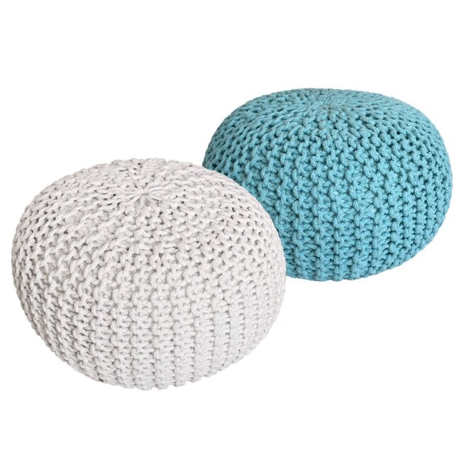 Dream-Living Ronde katoenen poef - set van 2 - gebroken wit/turquoise - 55 x 55 x 37 cm