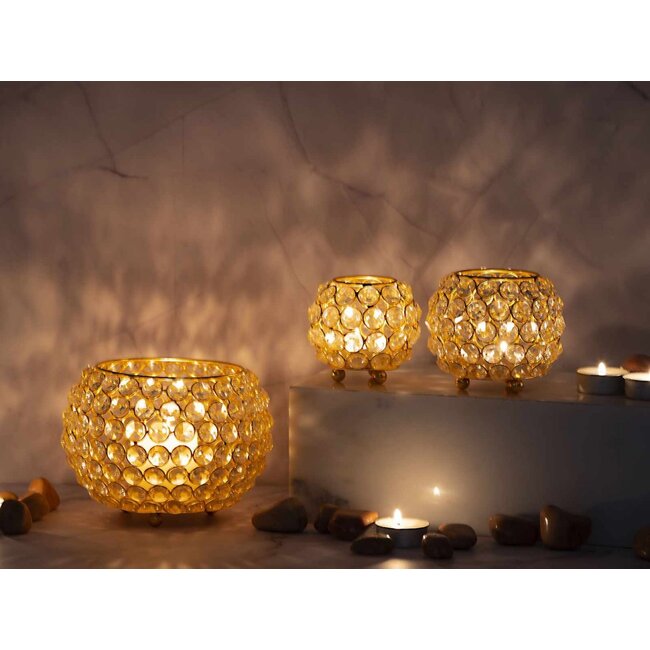 Dream-Living 3-delige vintage kristallen kaarsenhouder set  goud
