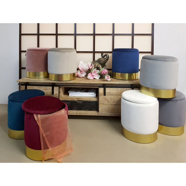 Dream-Living Fluwelen kruk poef lichtgrijs Velours met opbergruimte  Ø 31 H 38 cm